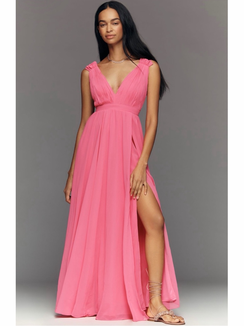 Anthropologie Mac Duggal Pink Chiffon V Neck Maxi Dress Wedding Guest Formal 12